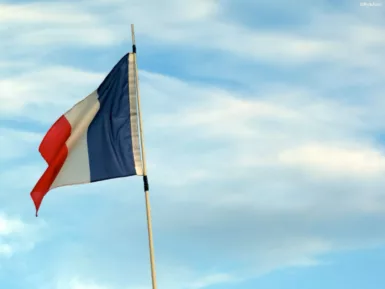 a flag flying in the wind with a blue sky in the background
