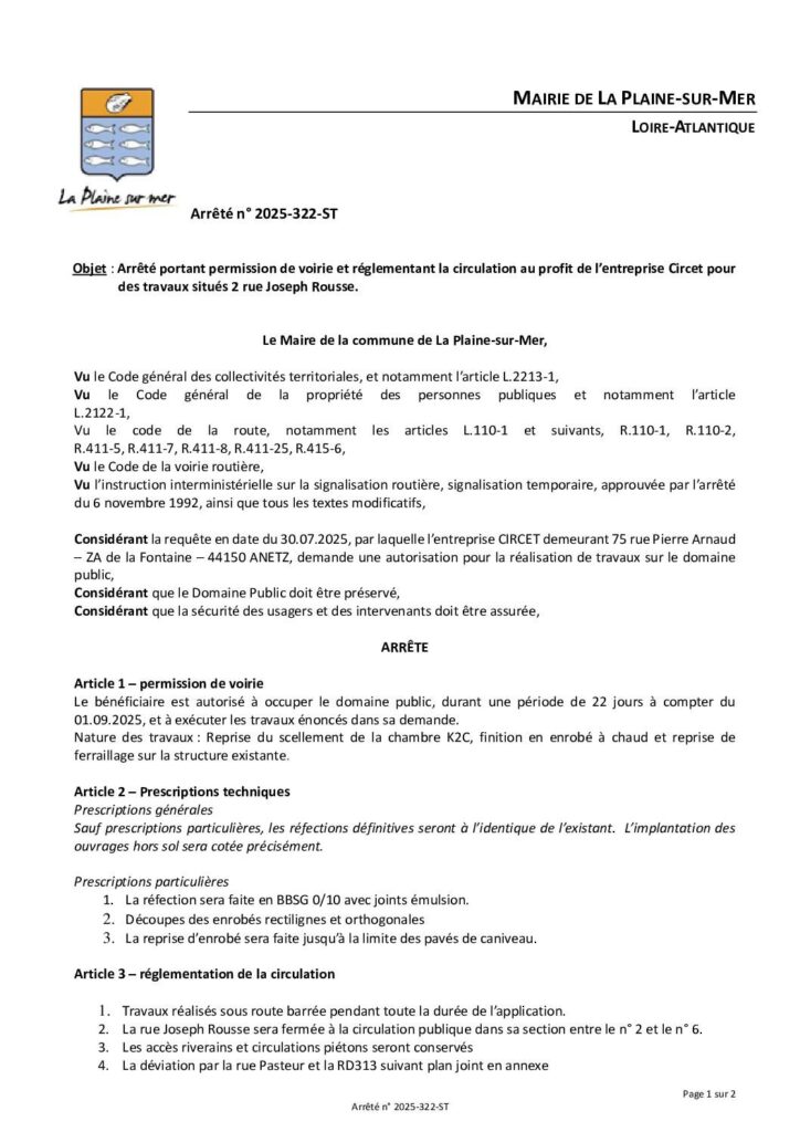 Image du document A_2025-322_ST_Arrêté portant permission de voirie et réglementant la circulation au profit de l’entreprise Circet pour des travaux situés 2 rue Joseph Rousse