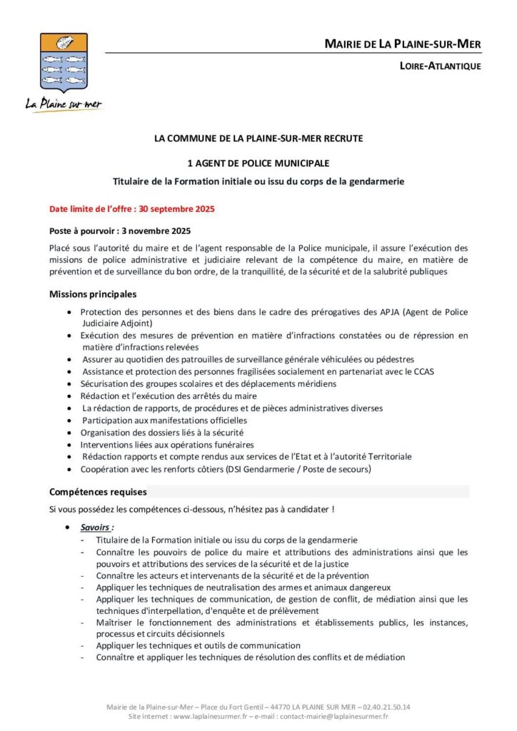 Image du document Offre d’emploi – Agent de Police municipale H/F