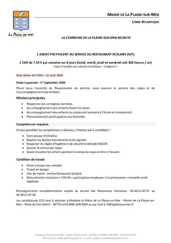 Image du document Annonce Agent polyvalent Restaurant Scolaire